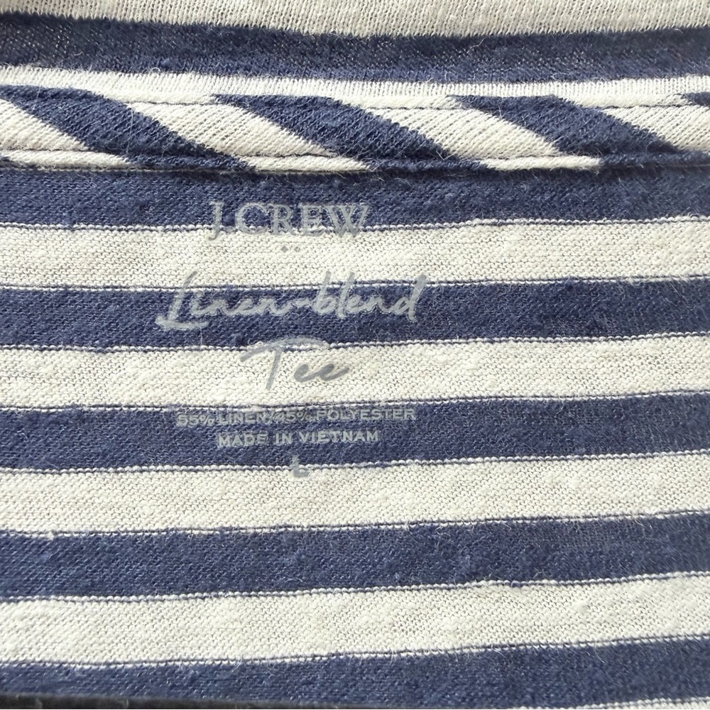 J Crew Navy White Striped Linen Blend Tee Large Casual Summer Top - Picture 3 of 7